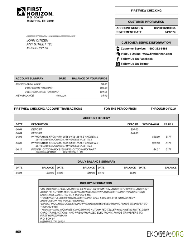 Relevé bancaire USA Tennessee First Horizon